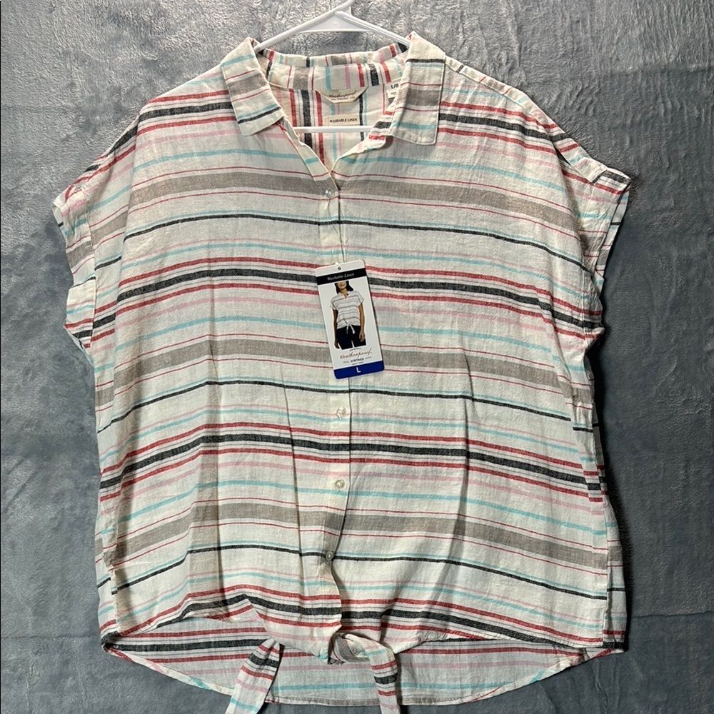 NWT New Weatherproof Linen Multicolor Striped Button Tie Front Size L